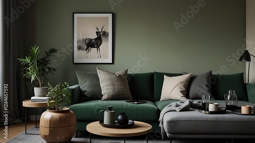 Interior view of an apartment, sitting room with sofa and mural