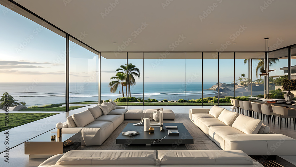 Fototapeta premium Luxury architecture, ocean front property landscape. Modern living room interior design with sleek contemporary designer furniture, minimalist decor large windows, panoramic coastal view background