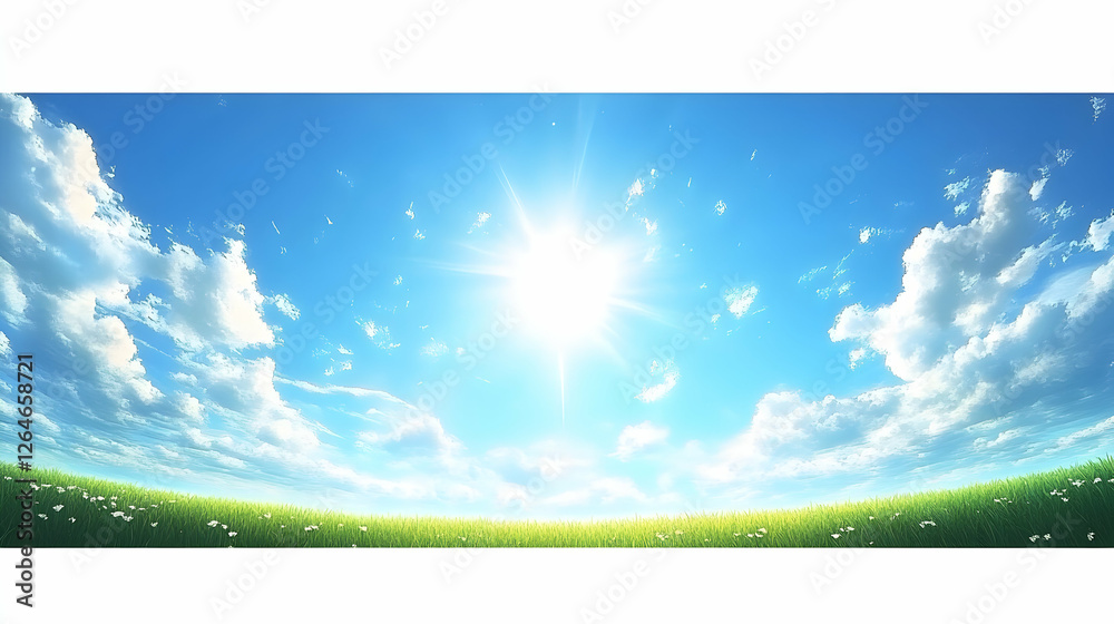 Fototapeta premium Serene landscape of a sunlit meadow under a vibrant blue sky with fluffy white clouds; idyllic summer scene.