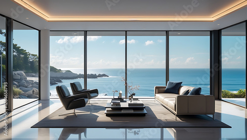 Luxury architecture, ocean front property landscape. Modern living room interior design with sleek contemporary designer furniture, minimalist decor large windows, panoramic coastal view background