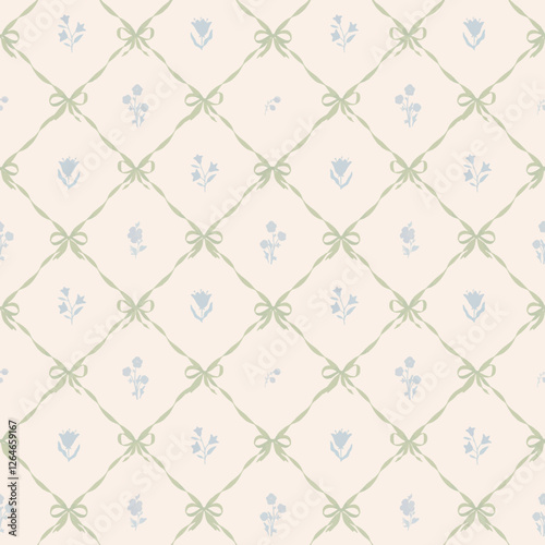 Beautiful vector coquette seamless pattern with damask print bows and classical vintage bouquet. Floral elegance print design for fabric, wallpaper or wrapping paper.