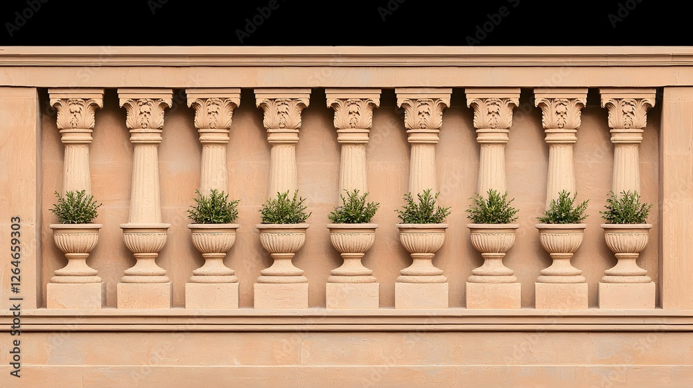 Fototapeta premium Beige Stone Balustrade with Green Plants in Urns