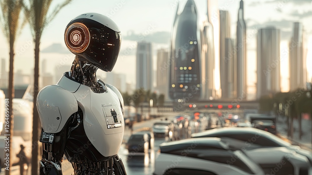 A humanoid AI robot walking through a futuristic city with autonomous vehicles and smart technology. A humanoid AI robot walking through a futuristic city with autonomous vehicles and smart technology.