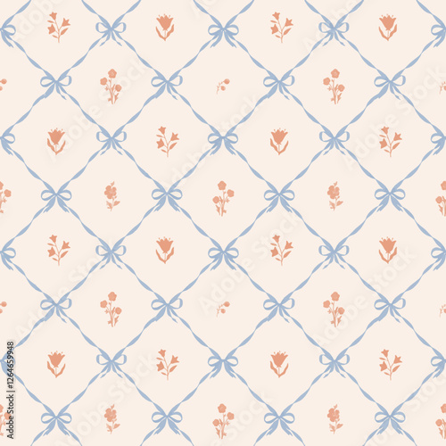 Beautiful vector coquette seamless pattern with damask print bows and classical vintage bouquet. Floral elegance print design for fabric, wallpaper or wrapping paper.