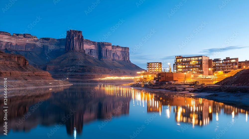 Fototapeta premium Tranquil Twilight Reflections Of Lakeside Buildings And Majestic Cliffs