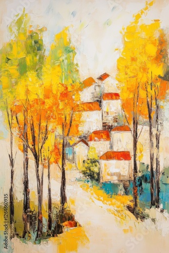 Vibrant composition of abstract trees and houses in golden tones, painted in strong oil painting style photo