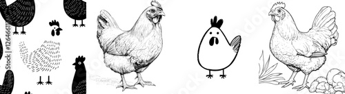 A vintage-style engraving or etching of a chicken or hen, depicted as a solitary farm bird against a white backdrop, rendered in modern monochrome hues suitable for posters, menus, websites, or logos