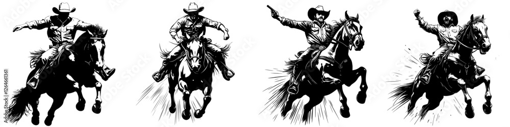 A Texas Ranger or Sheriff wearing a hat is depicted as a cowboy riding a horse, symbolizing the Wild West and country style in a vintage engraved hand-drawn sketch A Texas Ranger or Sheriff wearing a hat is depicted as a cowboy riding a horse, symbolizing the Wild West and country style in a vintage engraved hand-drawn sketch
