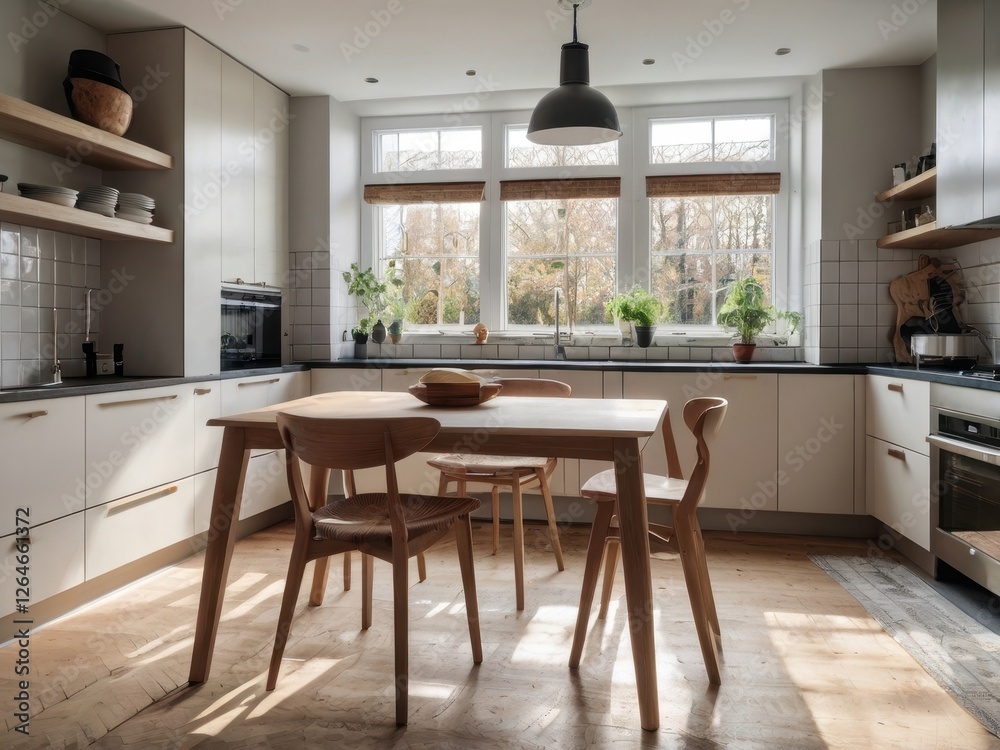 Fototapeta premium Bright kitchen with a wooden dining table and chairs