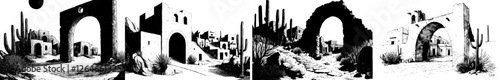 A town in either Mexico or Chile, featuring historic buildings and a gate, depicted in a vintage monochrome sketch style with hand-drawn engravings, reminiscent of a travel postcard