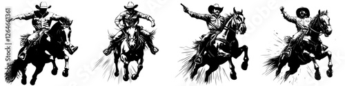 A Texas Ranger or Sheriff wearing a hat is depicted as a cowboy riding a horse, symbolizing the Wild West and country style in a vintage engraved hand-drawn sketch
