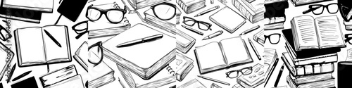 A seamless pattern of sketch books is complemented by ebooks, reading, and writing, set against a modern background of a school education and library doodle with a pile of books