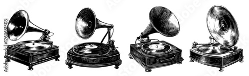 The illustration of a gramophone can be created using various mediums such as drawing, engraving, ink, and line art, and is often associated with modern styles