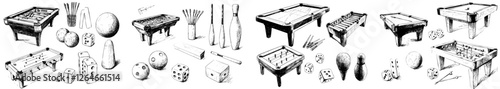 Modern line art featuring a collection of gambling games through illustration, drawing, and engraving with ink