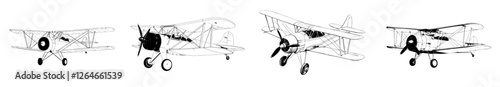 monochrome black graphic of a retro biplane airplane in modern clip art