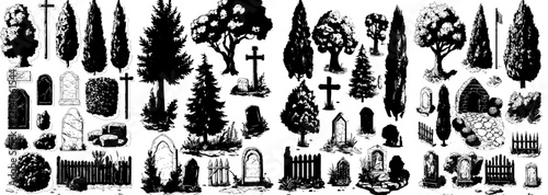 Modern illustration of fantasy map elements in ink and line art, including drawing and engraving
