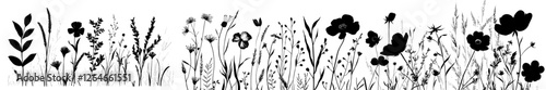 A collection of hand-painted weed plants with brush strokes, featuring grunge-style abstract elements created with ink, showcasing isolated black herbs and flowers on a modern white background