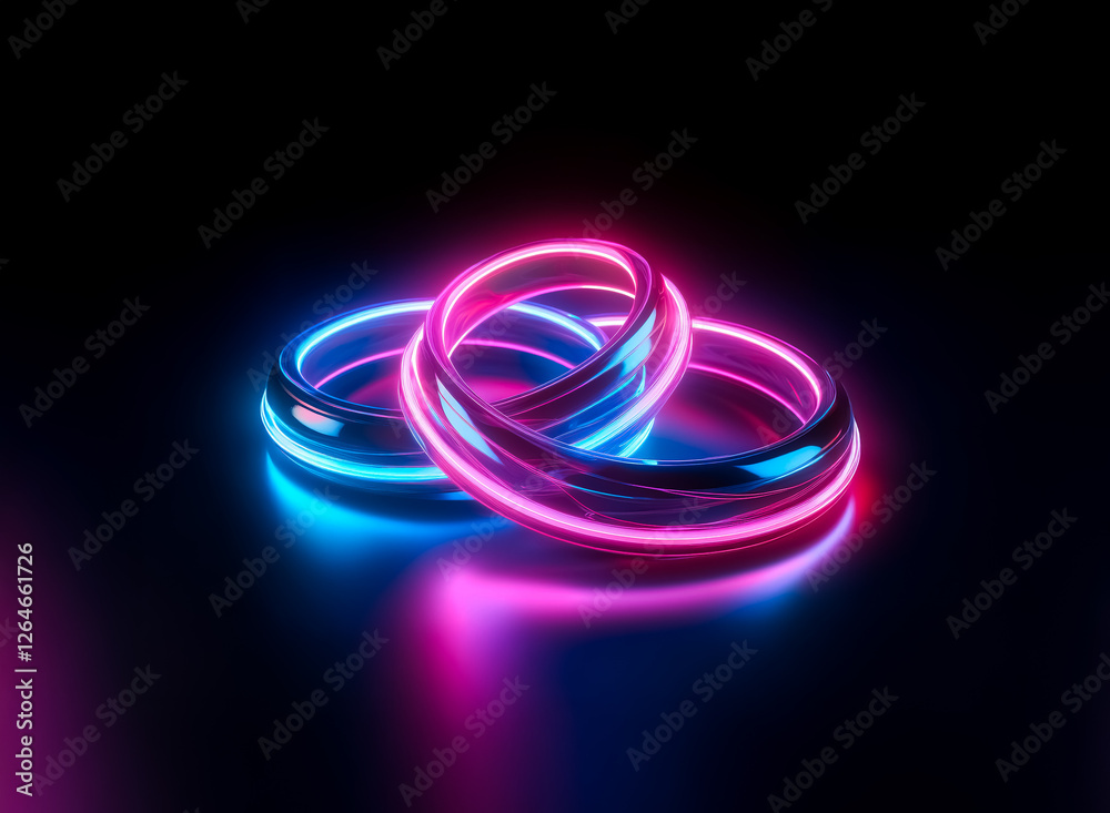 Three intertwined rings glow with vibrant neon pink and blue lights against a dark backdrop. The rings appear metallic and reflective, creating a futuristic and abstract design. Three intertwined rings glow with vibrant neon pink and blue lights against a dark backdrop. The rings appear metallic and reflective, creating a futuristic and abstract design.