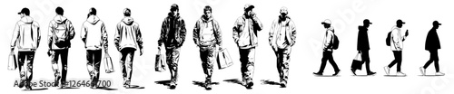 A collection of men, both young and adult, are depicted standing and walking in various poses, illustrated in a modern monochrome style with simple lines, and presented as a hand-drawn sketch with