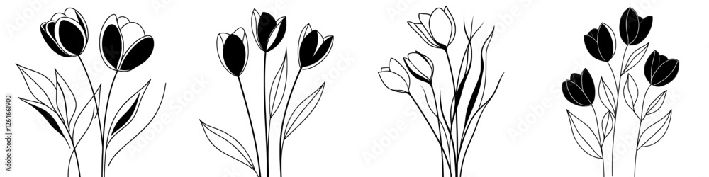 The tulip is depicted in a hand drawn engraving style within a set of tulips, also including a tulip sketch drawing