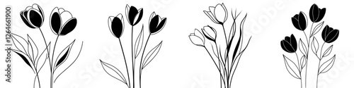 The tulip is depicted in a hand drawn engraving style within a set of tulips, also including a tulip sketch drawing