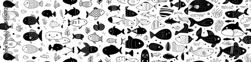 A seamless hand-drawn doodle pattern featuring a marine theme with cute fishes and modern illustration of sea creations photo