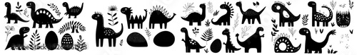 A collection of dinosaur silhouettes in black, featuring various reptile glyphs of both predators and herbivores, is available, showcasing humorous monochrome dinosaur shapes suitable for kids'