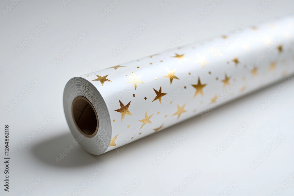 A close-up of a roll of festive wrapping paper, white with sparkling golden star designs, perfect for gift-giving occasions like Christmas or birthdays celebration A close-up of a roll of festive wrapping paper, white with sparkling golden star designs, perfect for gift-giving occasions like Christmas or birthdays celebration