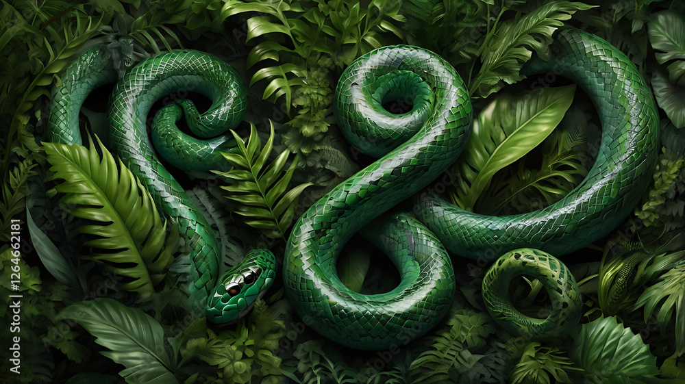 Fototapeta premium Fantustic Stunning 3D Realistic Green Snake in Lush Jungle – High-Detail Illustration