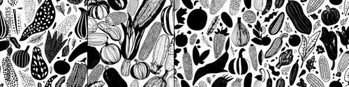 A hand drawn collection of vegetables forms a seamless pattern, comprising isolated elements, in a modern illustration style