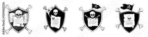 Modern illustration featuring a monochrome silhouette of a wooden shield with a file virus