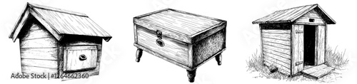 A bee hive is illustrated using various methods including drawing, engraving, ink, line art, and modern styles
