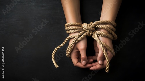 Female hands tied up with a rope on a dark background