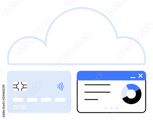 Cloud outline above contactless payment card and analytics dashboard interface. Ideal for fintech, cloud computing, data analysis, payment systems, cybersecurity, digital banking, abstract line flat