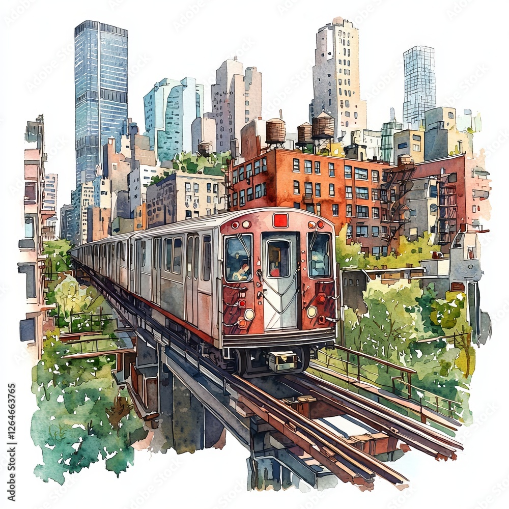 Obraz premium Watercolor painting of an elevated train passing through a dense cityscape, on isolated white background