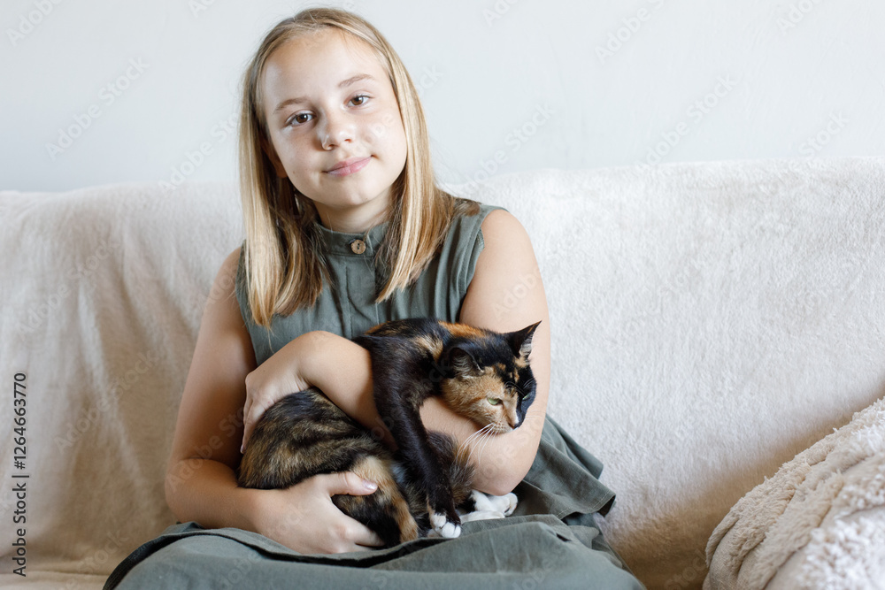 Pretty child girl with cat at home. Friends. Kid and pet. Pretty child girl with cat at home. Friends. Kid and pet.