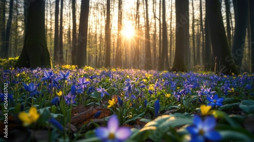 Spring forest background sunlight flowers trees.