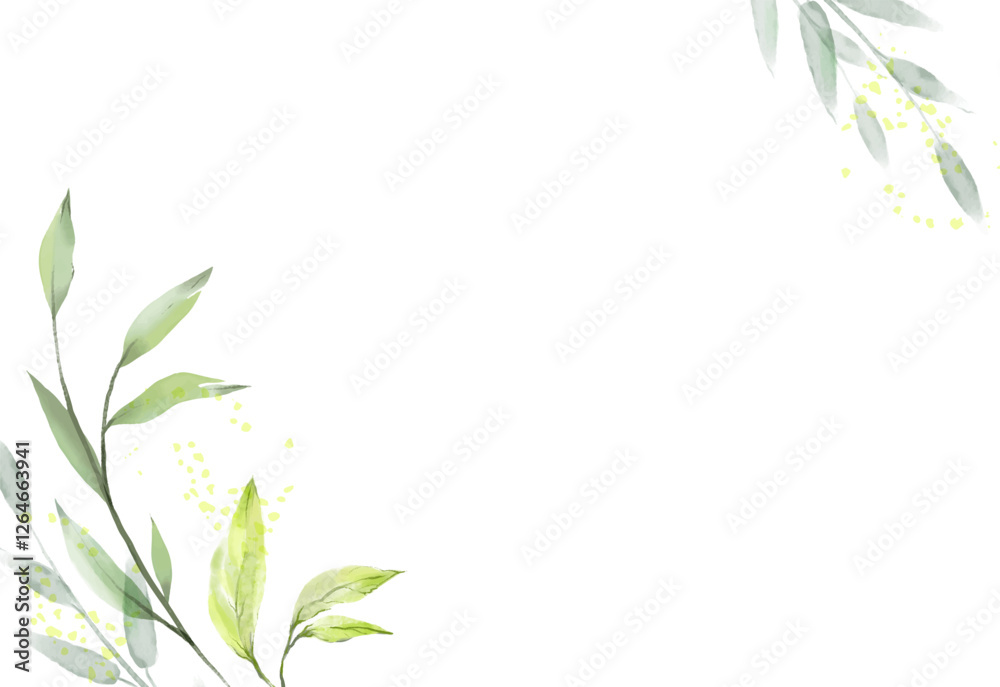 Natural abstract background with watercolor green branches and leaves. Leaf frame. Art vector illustration for poster, wedding invitation, card, flyer, cover, banner, placard, brochure, social media Natural abstract background with watercolor green branches and leaves. Leaf frame. Art vector illustration for poster, wedding invitation, card, flyer, cover, banner, placard, brochure, social media