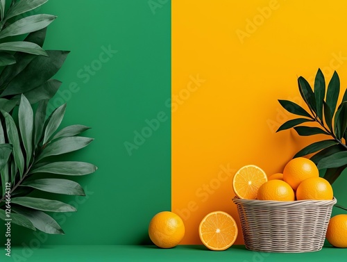 Vibrant oranges in a basket against a striking green and yellow background. photo