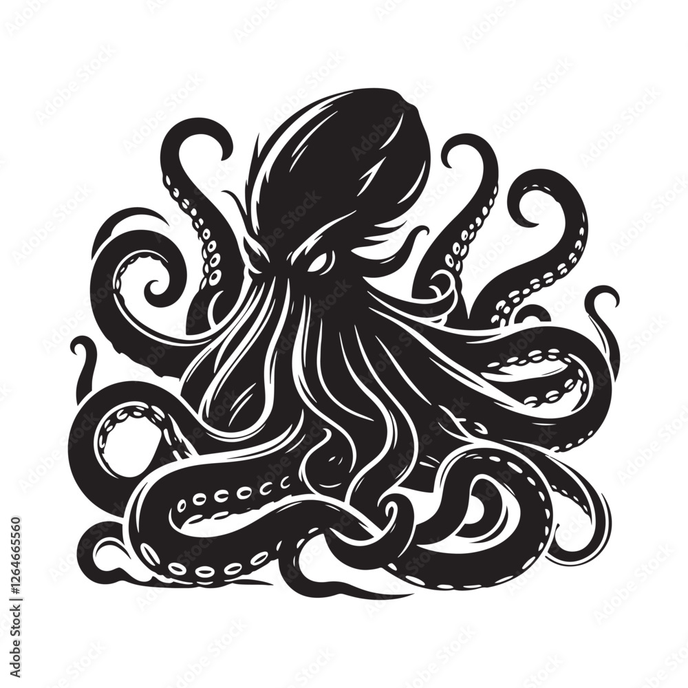 Obraz premium Epic Kraken silhouette crafted for maritime mythology and fantasy storytelling - Kraken illustration - Kraken vector - mythical creature silhouette 