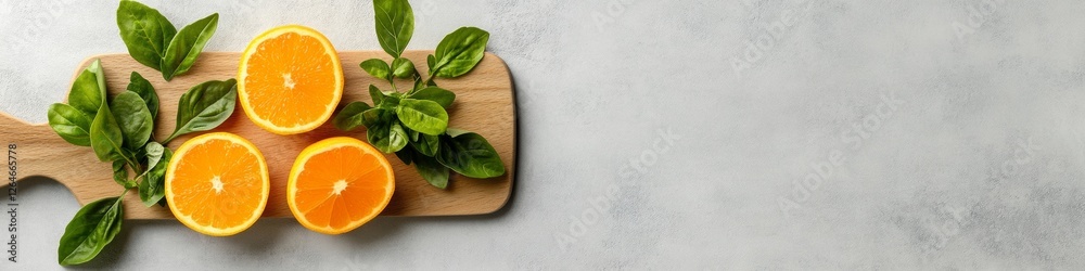 Fototapeta premium Nordic Culinary Aesthetics Bright Citrus Slices with Lush Herbs on Wooden Board - Fresh Produce Content and Sustainable Kitchen Merchandising