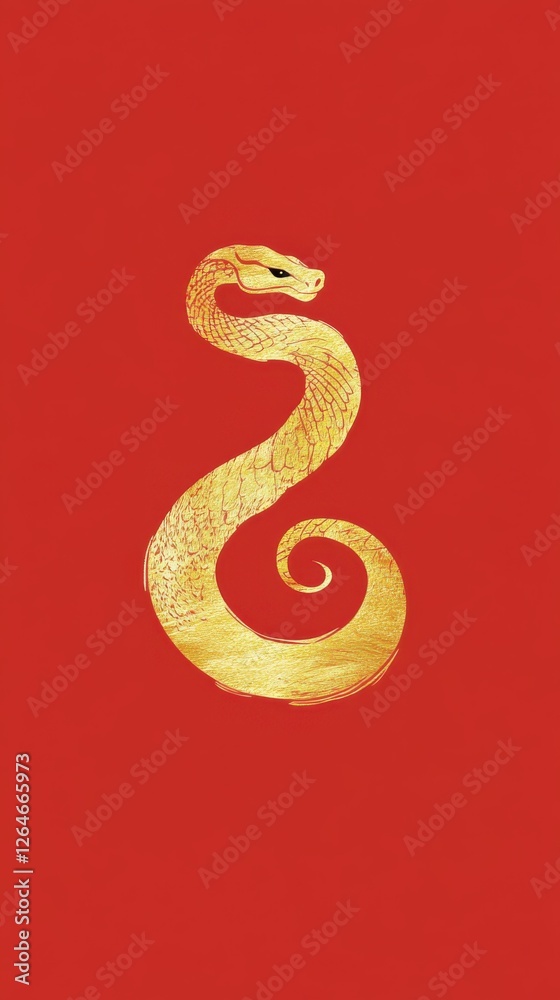 Fototapeta premium A golden snake poster with simple brushstrokes and red background for Chinese New Year