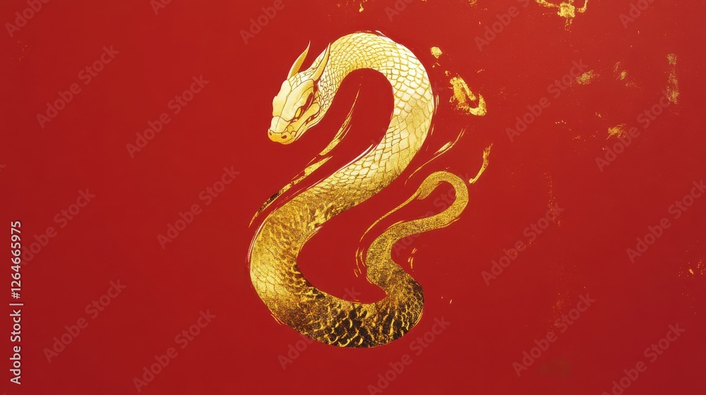 Obraz premium A golden snake poster with simple brushstrokes and red background for Chinese New Year