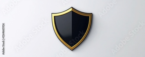 Matte black 3D shield icon with gold accents on solid white background realistic detail