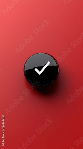 Matte black tick icon floating on a smooth red background captured in ultra-realistic