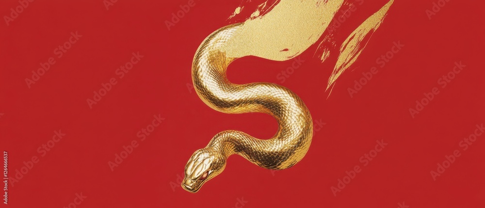Fototapeta premium A golden snake poster with simple brushstrokes and red background for Chinese New Year