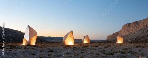 Serene landscape featuring geometric monoliths illuminated at dusk, surrounded by mountains and desert terrain