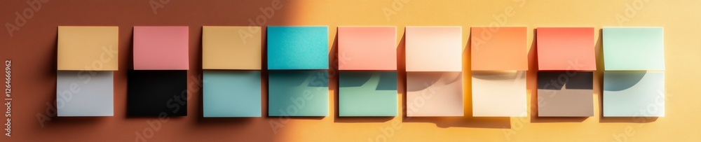 Fototapeta premium Vibrant Moodboard Modern Sticky Note Array on Sunlit Surface - Agile Project Planning and Workflow Visualization for Creative Offices