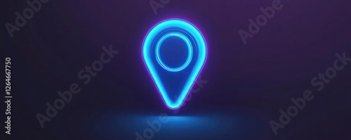 Neon blue location marker icon with sharp glowing edges on a solid dark purple background