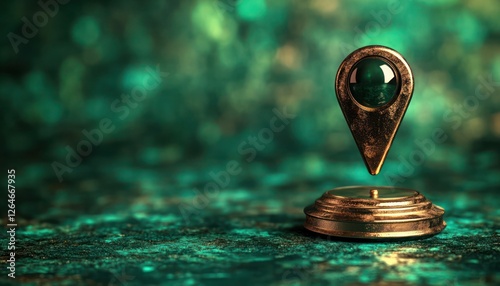 Polished bronze location pin on a rich emerald green background vivid